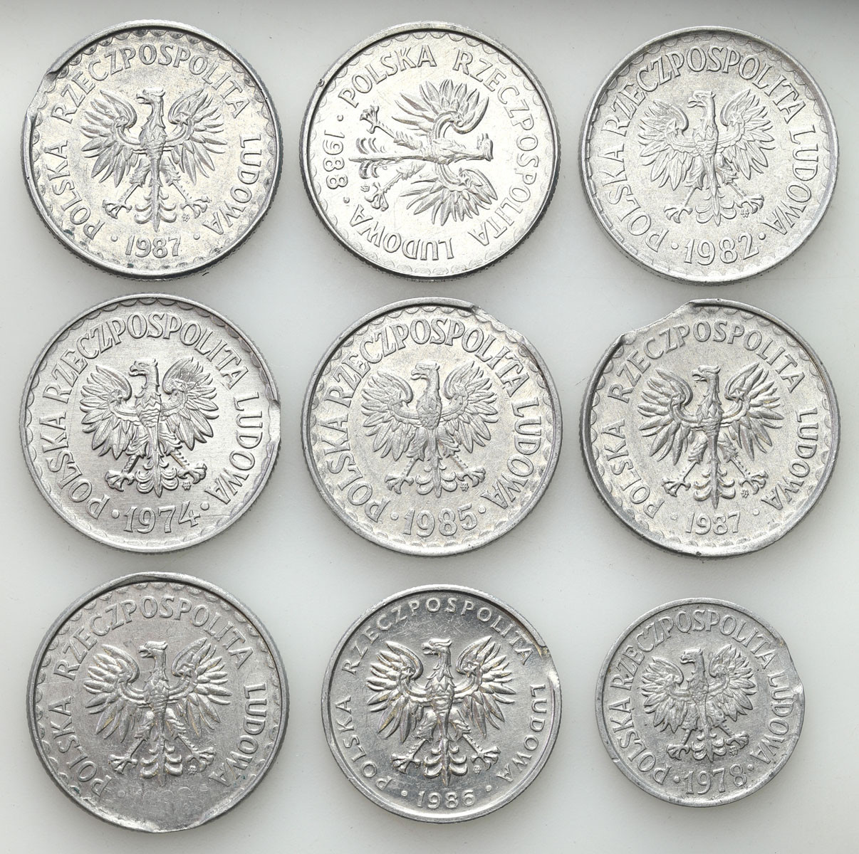 PRL. 20 groszy do 1 złoty 1974 - 1988 - DESTRUKTY MENNICZE 9 sztuk
